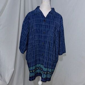 vintage Blue Tie-Dye Ocean Current button up Shirt with Green Accents size xl